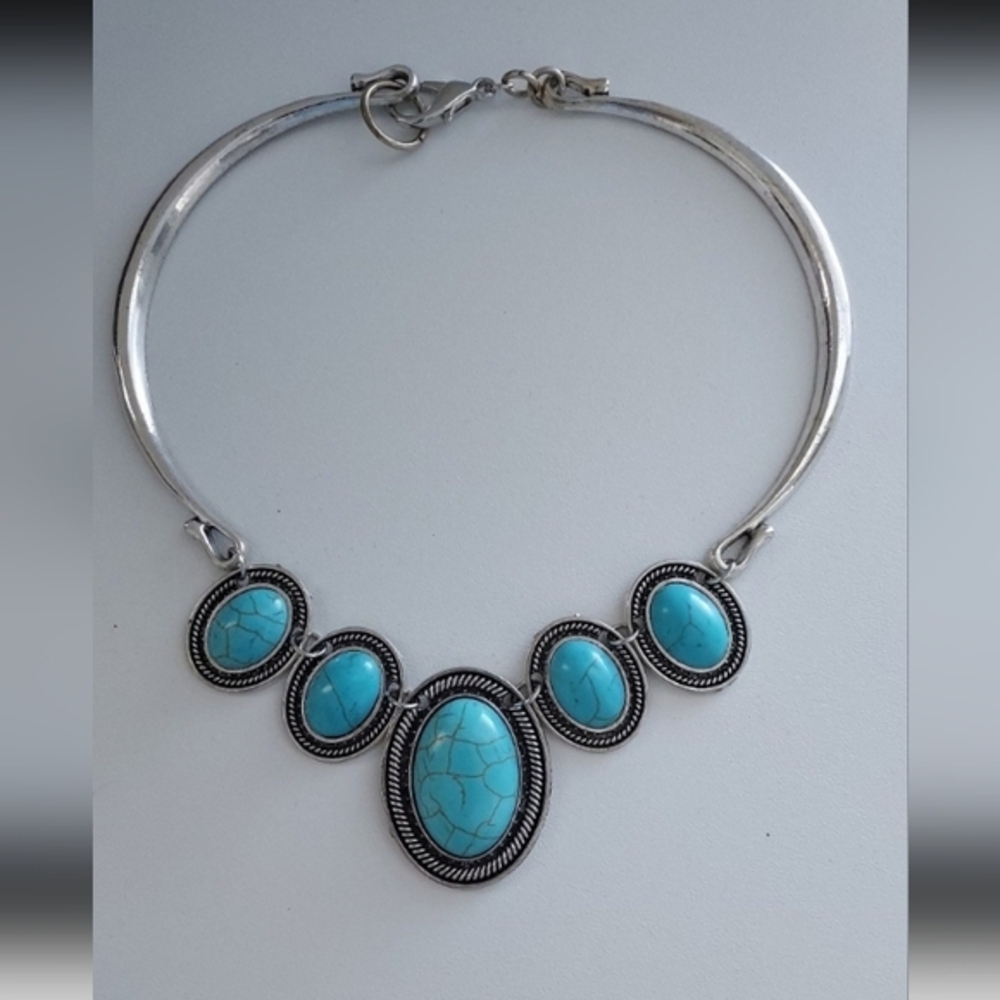 Choker Statement Necklace Turquoise Colored Stone Silver Metal Southwest
